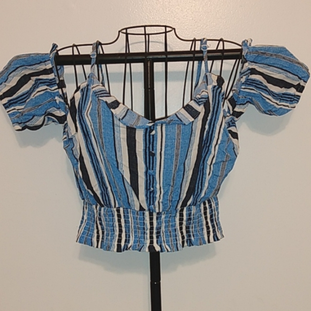 Flying Tomato off shoulder drop sleeve crop top blue & white M by A. Calvin